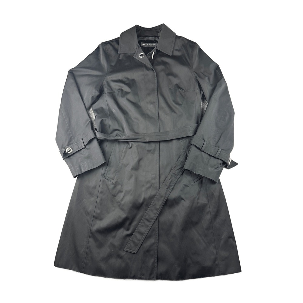 Dana Buchman Trench Coat Women M Black Belted Cotton Blend Business Travel Fall